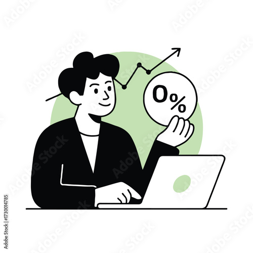Vector art of a man is working on his laptop and is analyzing the market, he is smiling and pointing at the zero percent growth