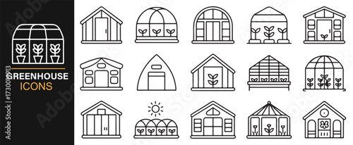 Vector greenhouse icon set – minimal farming, gardening, and climate control designs