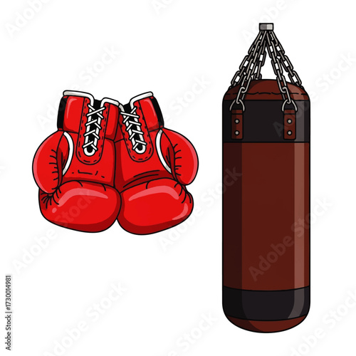 Boxing Equipment Red Gloves Beside a Brown Heavy Bag, Ideal for Training and Fitness