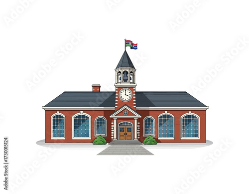 Illustration of a classic brick building with a clock tower and a flag on top, suitable for educational or municipal purposes