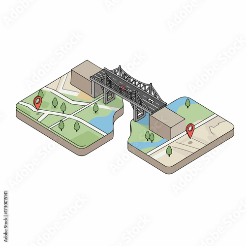 Isometric Detailed Bridge Landscape Connecting Two Sides Destination Icon