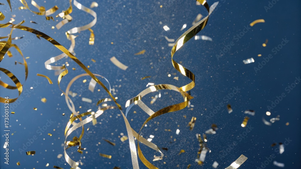 Fototapeta premium Creative Launch Party Concept. Colorful confetti and ribbons swirl against a blue background, creating a festive and celebratory atmosphere.