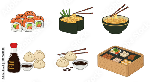 Assortment of Delicious Japanese Food Icons Sushi, Dumplings, Noodles, and Soy Sauce
