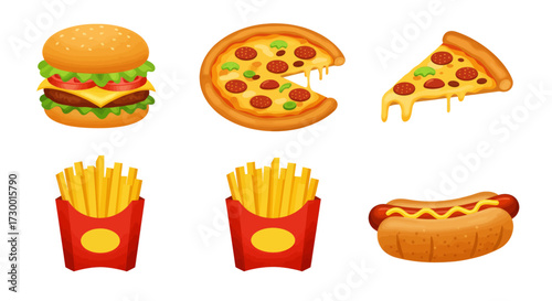Delicious fast food icons hamburger, pizza, hot dog, and french fries