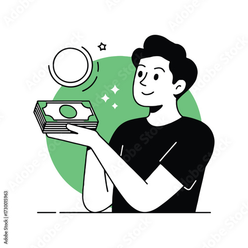 Vector art of a man is holding a stack of money, symbolizing wealth and financial success the illustration is simple, modern, and clean