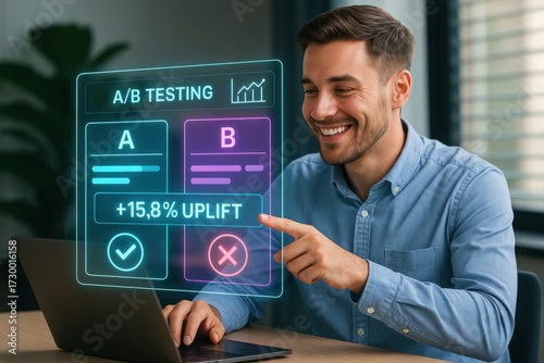 A/b testing results analysis by a smiling professional in a modern office environment