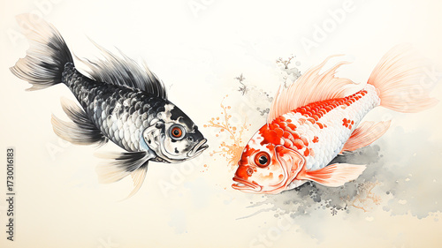 A colorful painting of a koi fish swimming in nature.
