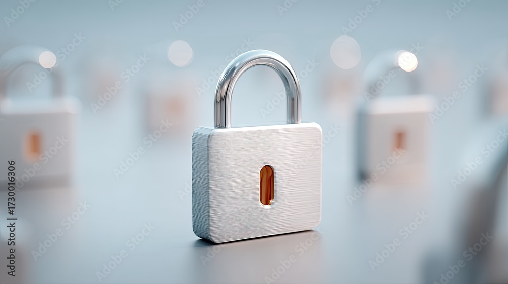 Naklejka premium Close Up Macro View of Silver Padlock Hologram Security Digital with Blurred Background