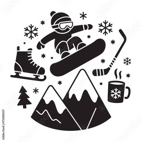 Vector Collection of Winter Activities, Skiing, Snowboarding, and Snow Icons