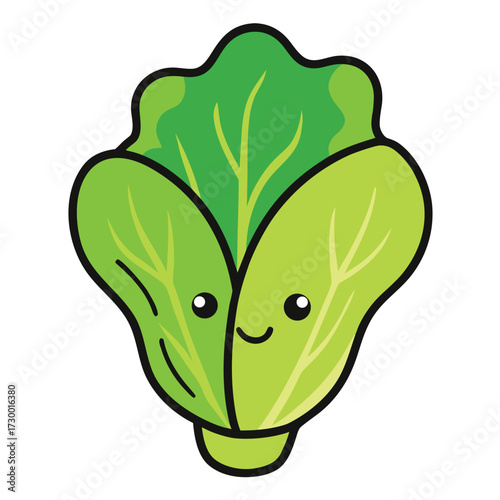 Kawaii lettuce with smiling face and closed eyes on white background cute happy