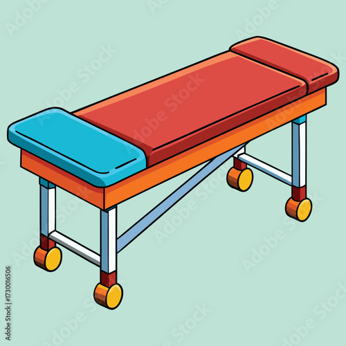 Medical Examination Bed with Red and Blue Cushions and Yellow Wheels examination table therapy bed