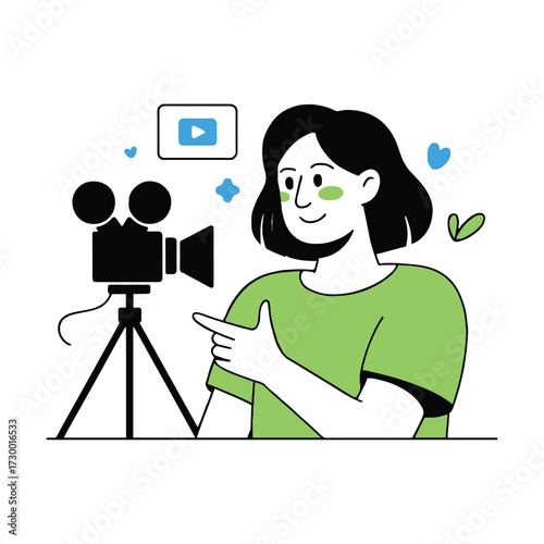Vector art of a woman is filming a video with a camera, showcasing content creation, vlogging, and digital media production