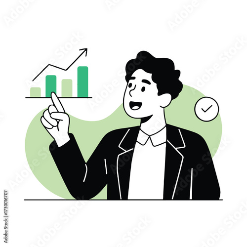 Vector art of a cheerful businessman in a suit points to a rising bar graph, symbolizing success and growth, a visual representation of achievement