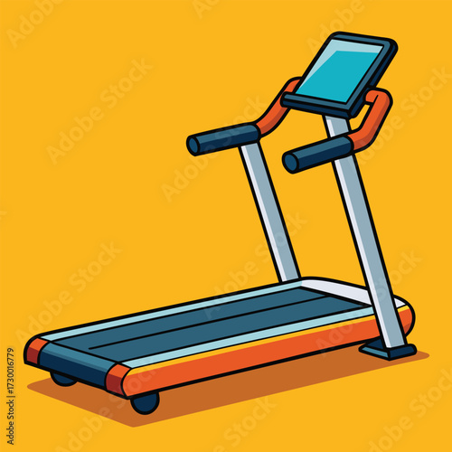 Orange and blue treadmill with a blue screen on a yellow background exercise machine fitness equipment