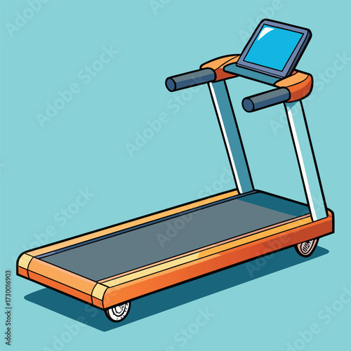 Orange and blue treadmill with a blue screen on a teal background exercise machine fitness equipment