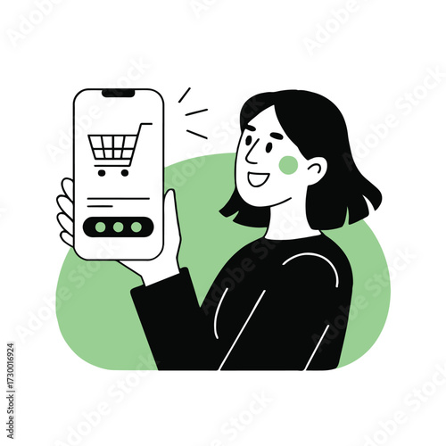Vector art of a happy woman holds a smartphone displaying a shopping cart icon, representing online shopping and ecommerce, a convenient way to shop