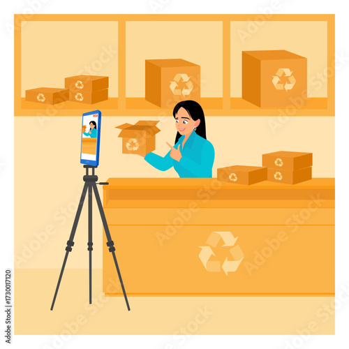 A net zero concept retail store. A young woman streams live from a reel store.