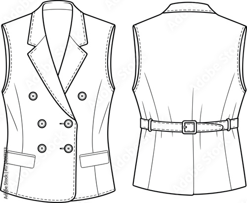 Flat sketch of tailored sleeveless vest with lapel collar, double-breasted buttons, back belt detail, CAD drawing vector fashion illustration