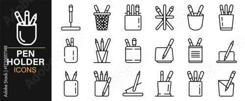 Office stationery organizer icons – black and white pen holder illustrations in line art style