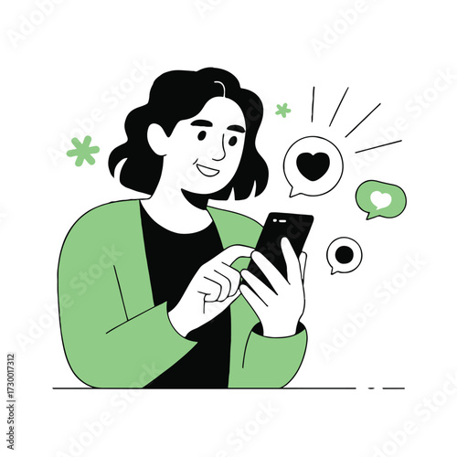 Vector art of a woman is using her smartphone to send messages and receive likes, she is smiling and enjoying the interaction online
