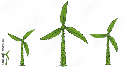 Renewable energy development from small seedling to large wind turbine on a white background