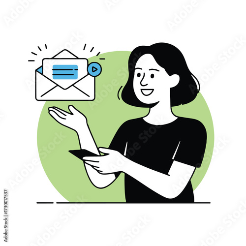 Vector art of a cheerful woman with a phone in her hand is presenting an email with a play button, the concept of email marketing