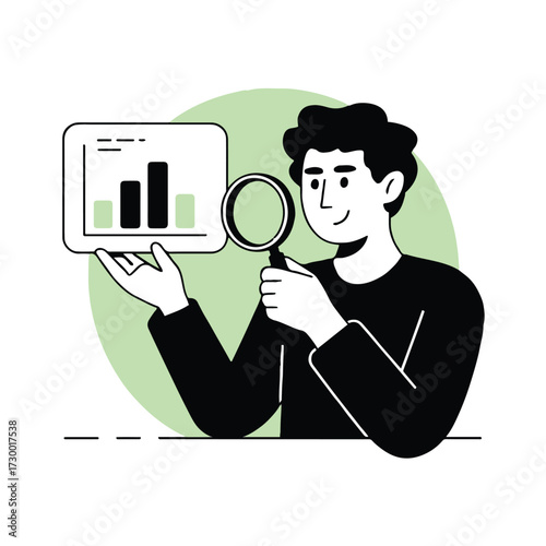 Vector art of a man is analyzing a graph with a magnifying glass, he is looking for insights and trends in the data presented