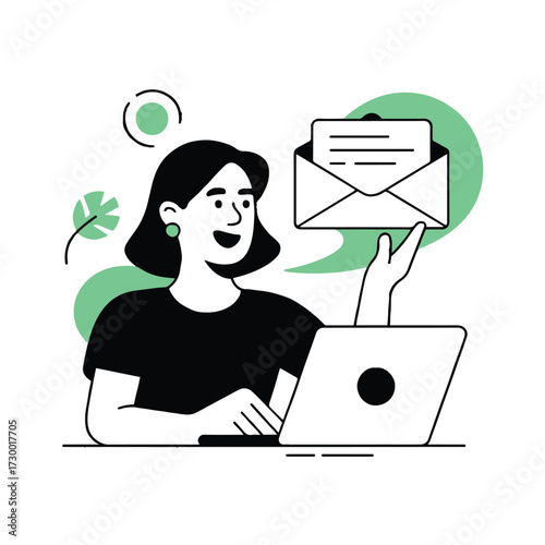 Vector art of a smiling woman with a laptop is presenting an email, the concept of email marketing and communication