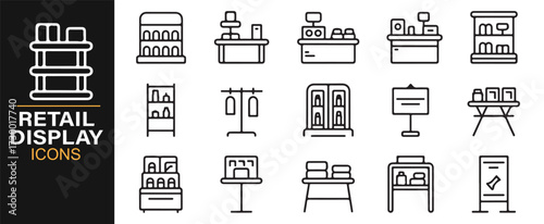 Vector icon set of retail displays for business, commerce, and store presentation projects
