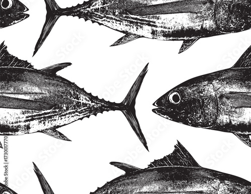 Vector seamless pattern with tuna fish on marine animals theme and ocean life. Logo, menu for restaurant, cafe. Signboard for fish store. Print, fabric, textile. Wallpaper, T-shirt, tile. 