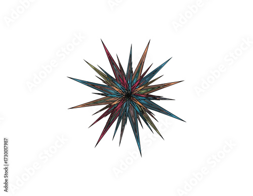 Dynamic 3D starburst illustration with sharp, colorful spikes radiating from a central point, an abstract geometric explosion vector graphic isolated on white