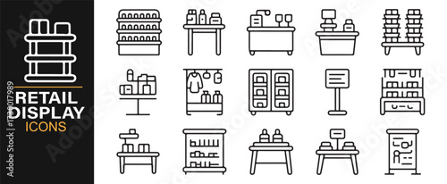 Retail product display icon collection – black and white line art design set