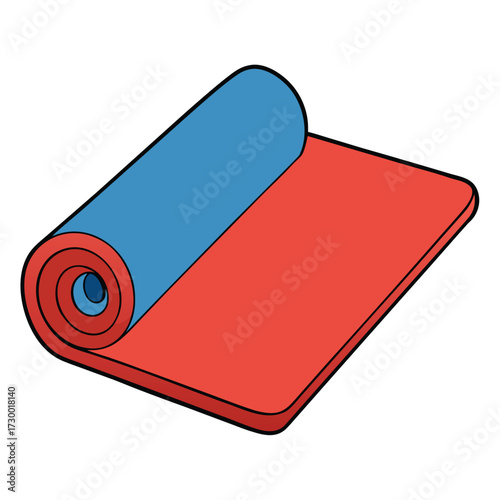 Rolled Up Blue and Red Yoga Mat on White Background Keywords: yoga mat, exercise mat, fitness, workout