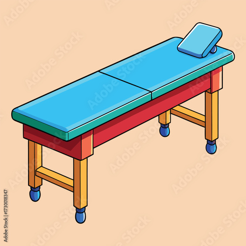 Simple Examination Table with Blue Top and Wooden Legs on Wheels medical table therapy table