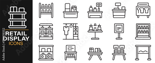 Collection of retail merchandising icons – product display racks and shop shelf illustrations