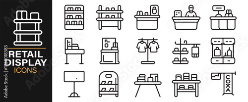Line art retail display icon set for store shelves, racks, counters, and supermarket themes