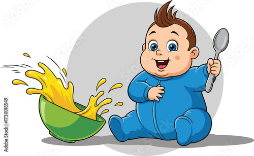 Cartoon baby, sitting pose, holding spoon, spilled food, cheerful expression, blue onesie, mealtime moment, vector illustration, stock art, white background