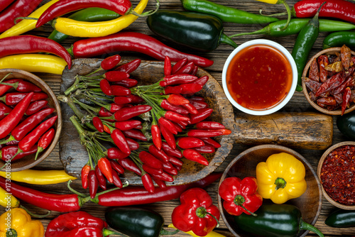 Colorful variety of chili peppers and bell peppers on rustic wood