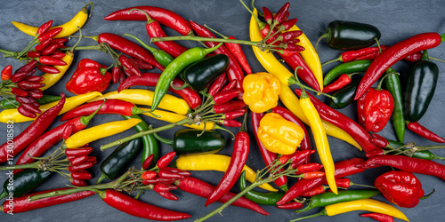 Explosion of color: Colorful chili peppers on a slate plate