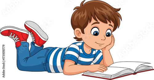 Cartoon boy reading book, lying on stomach, focused expression, educational concept, learning moment, colorful illustration, white background, vector art