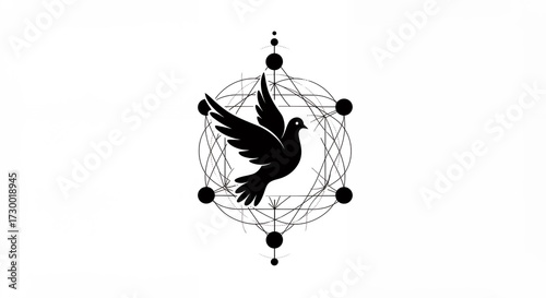 Silhouette of a dove with spread wings inside an intricate geometric pattern on white background