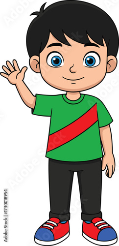 Cartoon boy waving with cheerful expression, green striped shirt outfit, friendly gesture pose, colorful illustration, white background, vector art