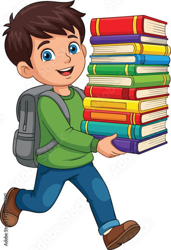 Cartoon boy, carrying books, cheerful student, backpack, walking pose, education theme, vector illustration, kids learning, school concept, white background