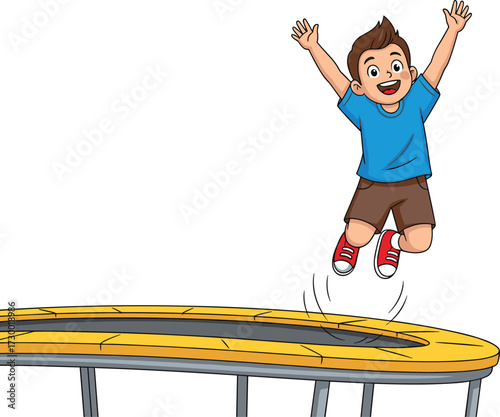 Cartoon boy, jumping pose, trampoline bounce, cheerful expression, playful moment, red sneakers, vector illustration, kids activity, stock art, white background