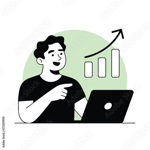 Vector art of a man is pointing at a graph showing growth while using a laptop, this represents success and progress in business