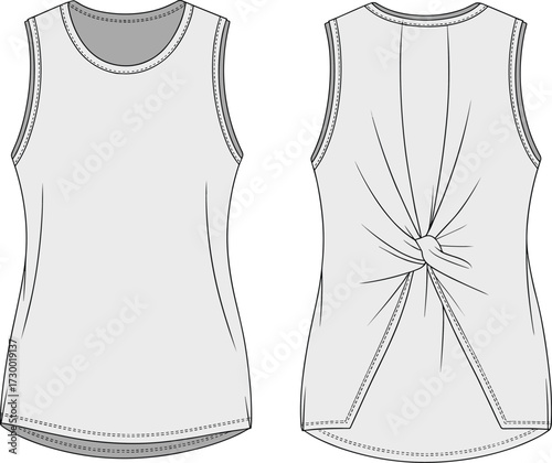 Flat sketch of women's sleeveless top with twisted knot back detail, casual tank front and back view fashion cad drawing.