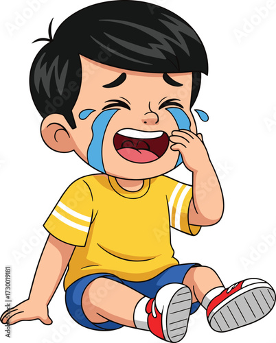 Cartoon child crying while sitting on ground, emotional expression, sadness concept, childhood behavior, colorful illustration, white background, vector art