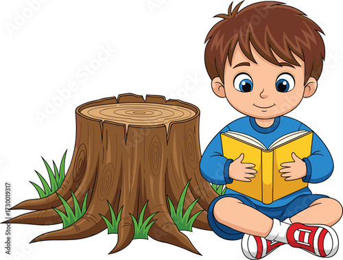 Cartoon child reading book, sitting outdoors, nature scene, tree stump, educational vector, peaceful moment, learning concept, white background, stock illustration