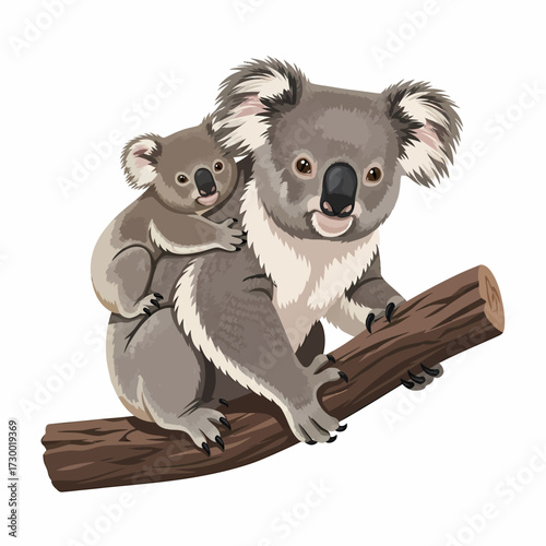 A mother koala carrying her joey on her back while perched on a tree branch.