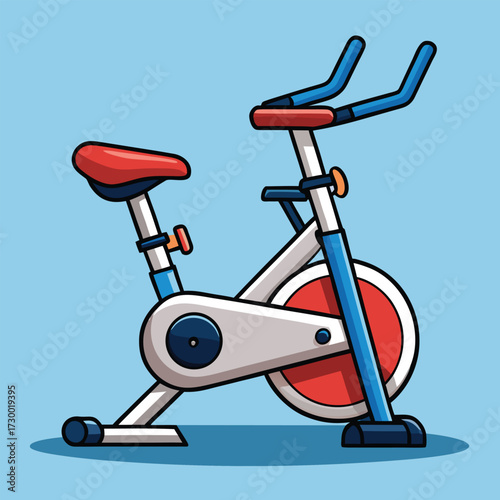 Stationary Exercise Bike with Red Seat and Blue Frame on Light Blue Background Keywords: exercise bike
